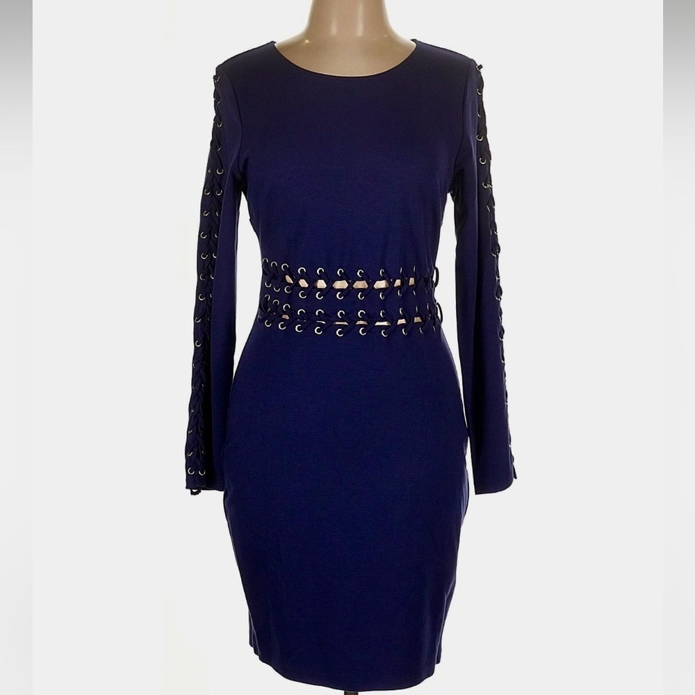 NEW VENUS navy Blue Long Sleeve Dress Eyelet grommet studded lace up 12 large